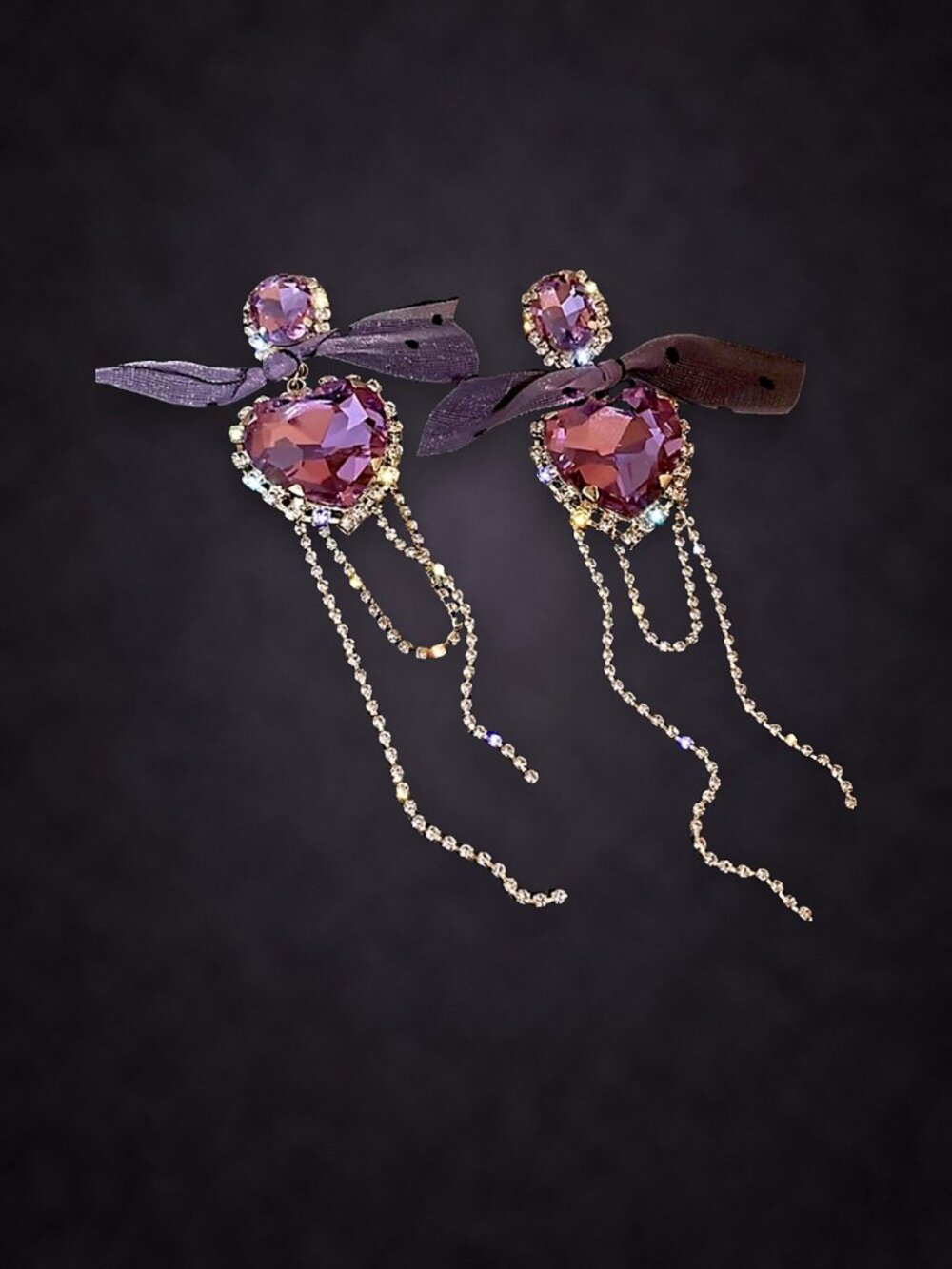 Purple Heart Crystal Earrings with Sheer Bow and Rhinestone Chain Tassels NWT